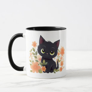 Caneca Gatinho Preto Bonito com Flores