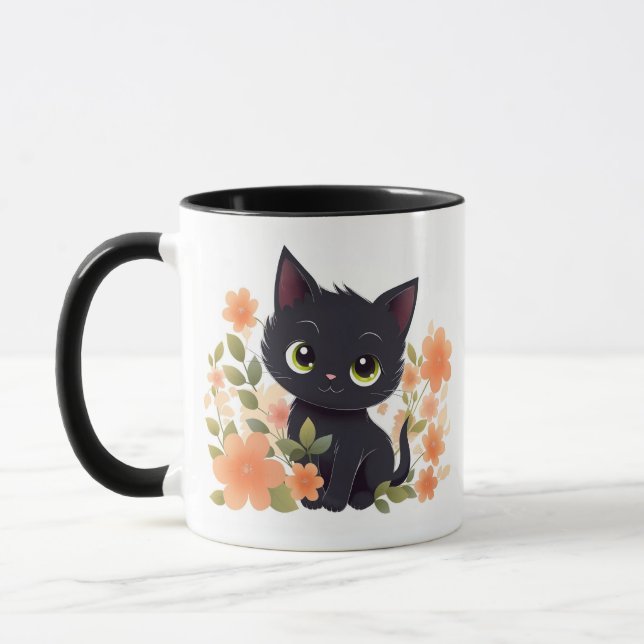 Caneca Gatinho Preto Bonito com Flores (Esquerda)