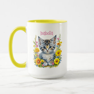 Caneca Gatinhos e Flores de Cinza Personalizados