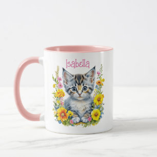 Caneca Gatinhos e Flores de Cinza Personalizados