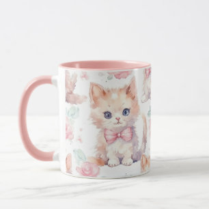 Caneca Gatinhos Fofos e Bonitos com Rosas Rosa
