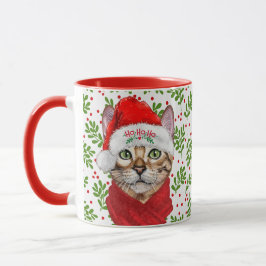 Caneca Gato Abissino num Chapéu Santa com Holly no Natal