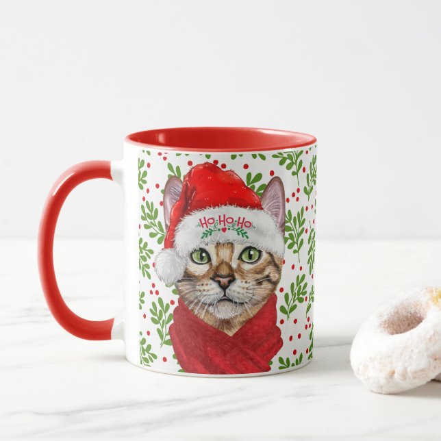 Caneca Gato Abissino num Chapéu Santa com Holly no Natal (Com Donut)