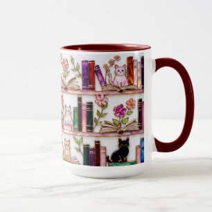 Caneca Gato Amante de Livros Presente Prateleira d