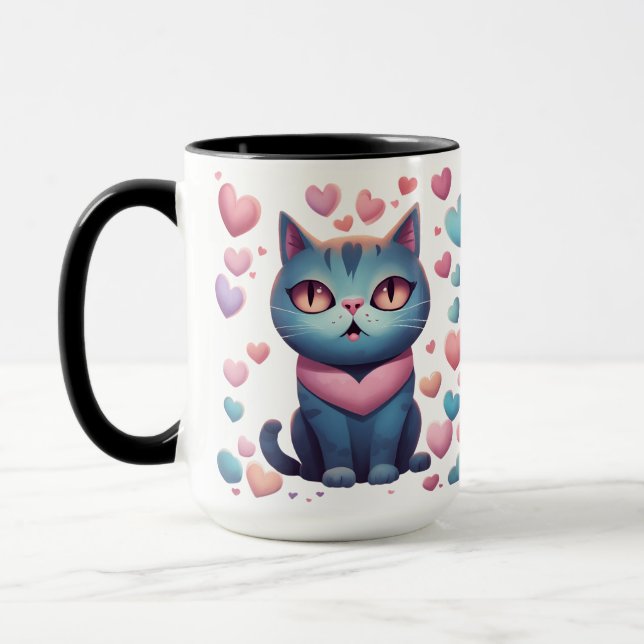 Caneca Gato Azul Bonito Com Gato De Coração | Kawaii Vale (Esquerda)