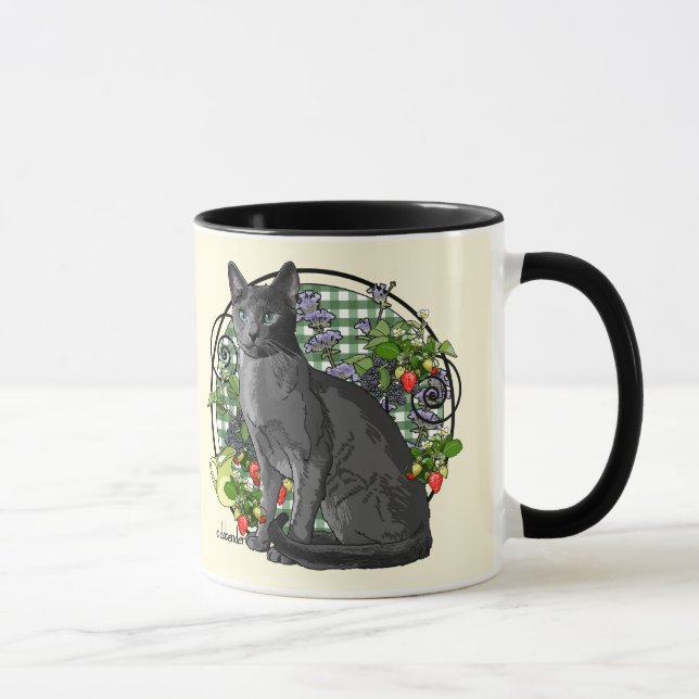 Caneca Gato azul do russo com bagas (Direita)