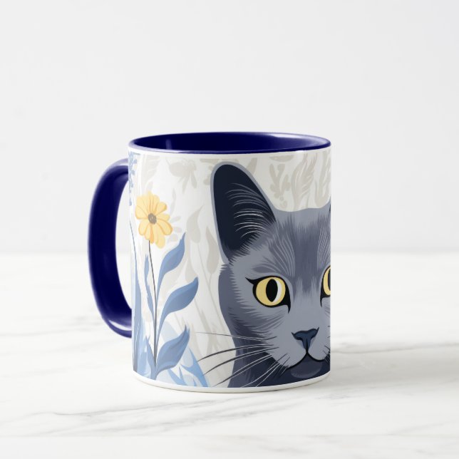 Caneca Gato Azul Russo Flores Amarelas (Frente Esquerda)