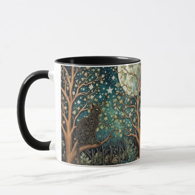 Caneca Gato boho céu noturno estrelado floresta (Esquerda)