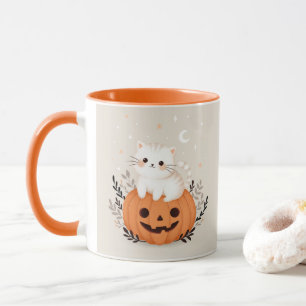 Caneca Gato Bonito Numa Ilustração De Halloween De Abóbor
