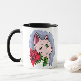 Caneca Gato branco com flor