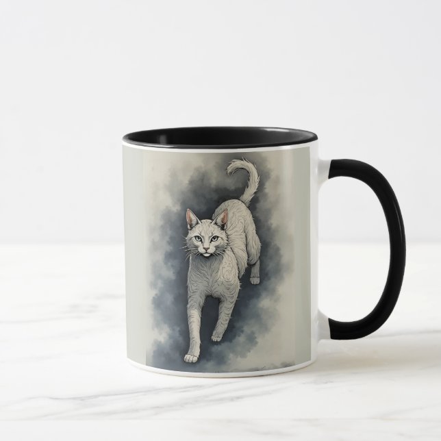 Caneca Gato Branco em um Estilo de Desenho a Tinta Chines (Direita)