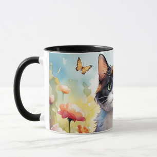 Caneca Gato Calico no Jardim de Primavera com Borboletas