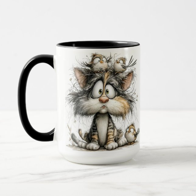 Caneca Gato caprichoso com pássaros (Esquerda)