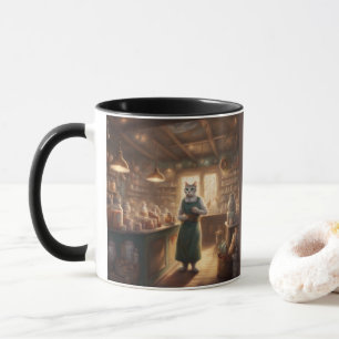 Caneca Gato caprichoso de avental trabalha em uma loja ge