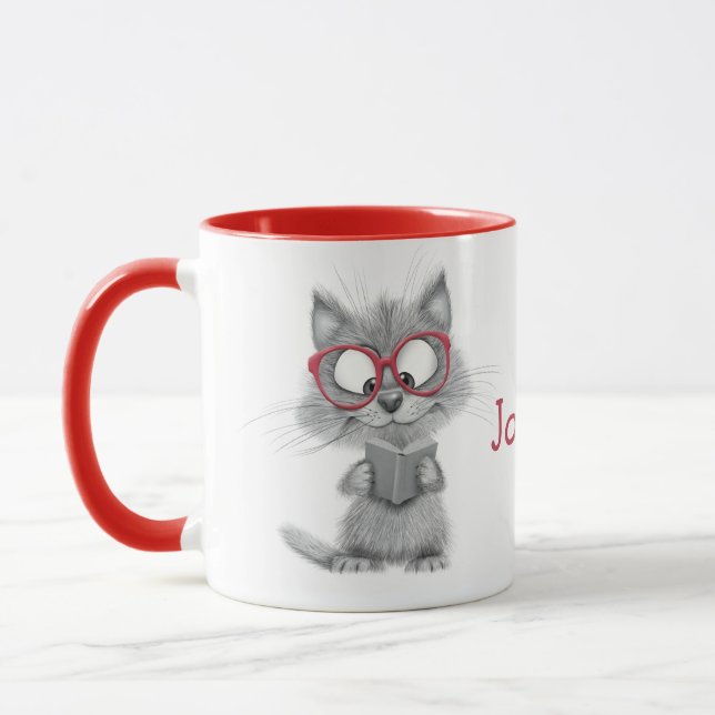 Caneca Gato Cute Personalizado Lendo Mug com Alça Vermelh (Esquerda)