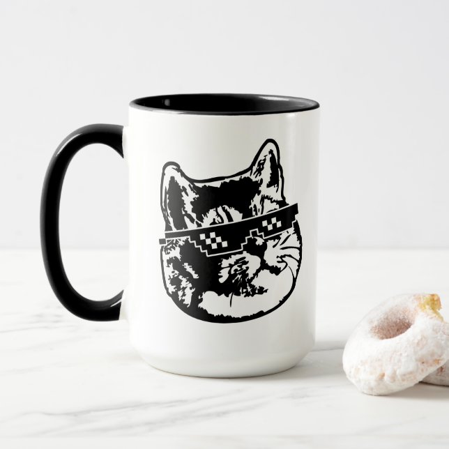 Caneca Gato da respiração pesada com óculos de sol de (Com Donut)