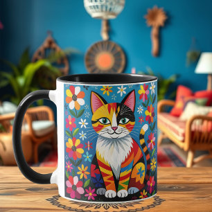 Caneca Gato de Arte Popular, Flores e Borboleta Personali