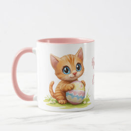 Caneca Gato de Gato de Cartoon Bonito Abraçando Ovo de Pá