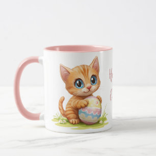 Caneca Gato de Gato de Cartoon Bonito Abraçando Ovo de Pá