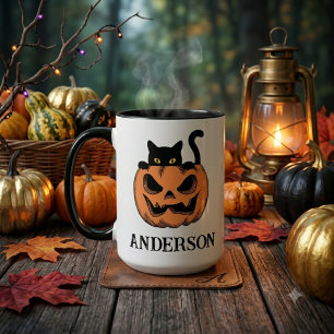 Caneca Gato de Halloween Vintage espreita Nome Personaliz