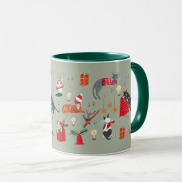 Caneca Gato de retrato bonito, verde, padrão de Natal Mug