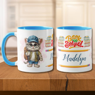 Caneca Gato de Volta à Escola Usando Mochila Personalizad