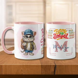 Caneca Gato de Volta às Aulas Usando Mochila Personalizad