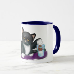 Caneca Gato do smoking com biscoito e leite