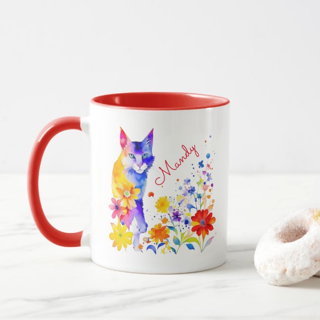 Caneca Gato e Flores em Aquarela Personalizado (Com Donut)
