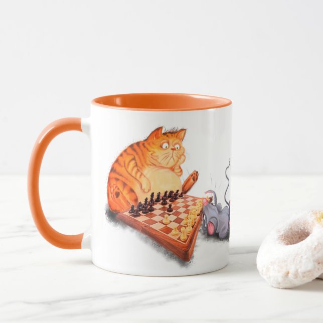 Caneca Gato e Rato Jogando Xadrez Engraçado (Com Donut)