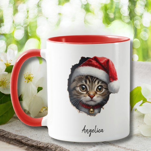 Caneca Gato Engraçado De Natal Com O Pai Natal Personaliz (Criador carregado)