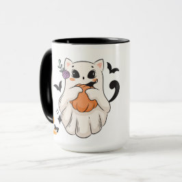 Caneca Gato Fantasma Bonito com Pumpkin | Spooky Hallowee