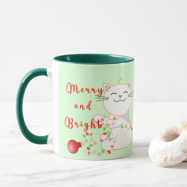 Caneca Gato Feliz Brincando Com Luz LED | Festa de Natal (Com Donut)