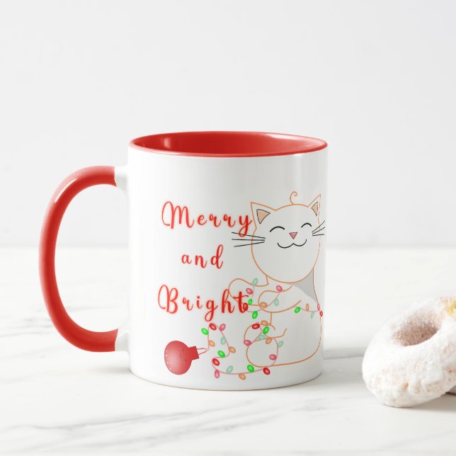 Caneca Gato Feliz Brincando Com Luz LED | Festa de Natal (Com Donut)