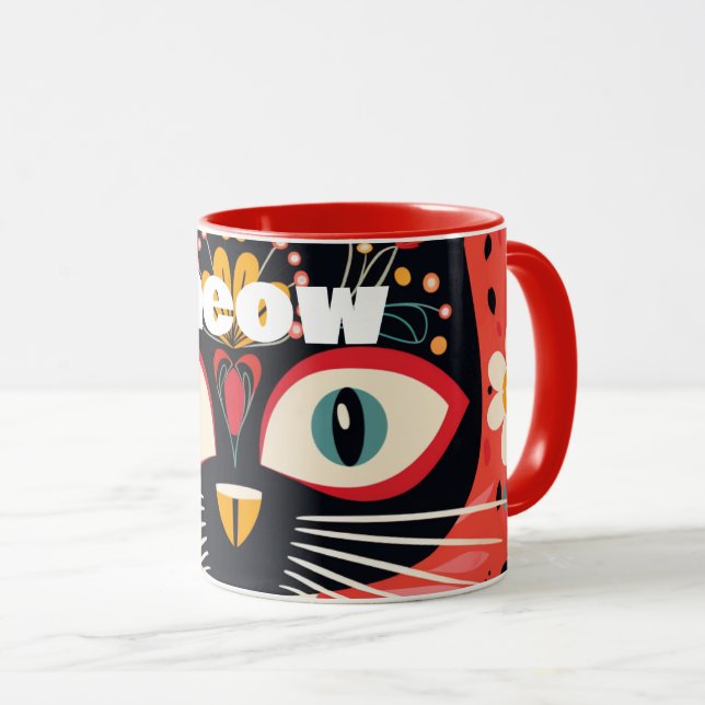 Caneca Gato Floral de Meio século Retro Meow-tastic Boho (Frente Esquerda)