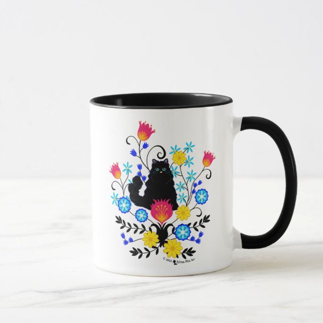 Caneca Gato Fluffy Preto com Flores (Direita)
