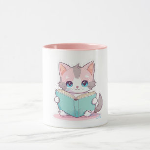 Caneca gato fofo kawaii com livro