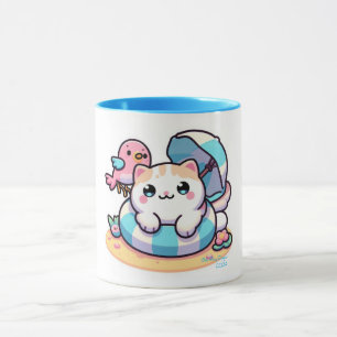 Caneca gato fofo kawaii na praia livro