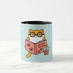 Caneca Gato Kawaii bonito lendo um livro