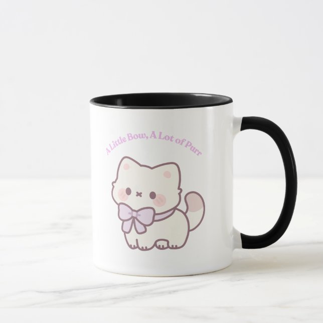 Caneca Gato Kawaii Fofo com Laço Rosa Pastel Ronronar (Direita)