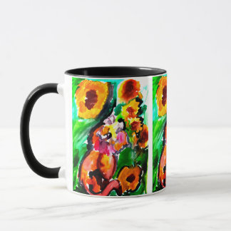 Caneca Gato Laranja e girassóis