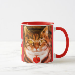 Caneca Gato listrado laranja com acabamento vermelho e co