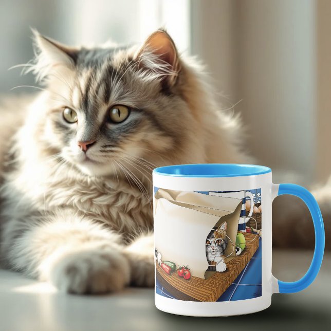 Caneca Gato Malhado Curioso Saco de Compras Azul Fofo     (Criador carregado)
