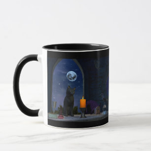 Caneca Gato Negro Bonito Olhando para uma Vela