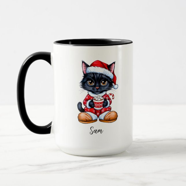 Caneca Gato Negro Bonito personalizado Mug de Natal (Esquerda)