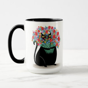 Caneca Gato Negro com flores
