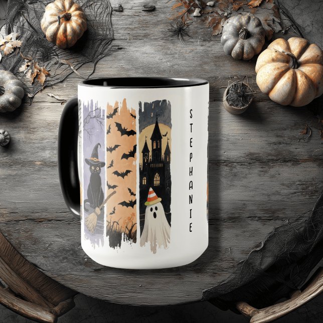 Caneca Gato Negro, Fantasma, Abóbora, Morcegos e Casa Ass (Criador carregado)