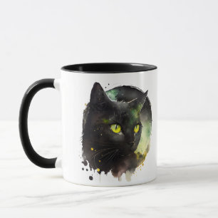 Caneca Gato Negro Místico Cores de Água - Arte Noturno En