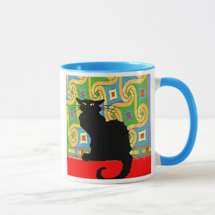 Caneca Gato Negro no Papel de parede Abstrato, Gato Negro