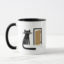 Caneca Gato Negro Whimsical Esperando na porta